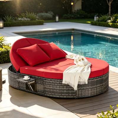 Outdoor Patio Daybed With Adjustable Backrests And Foldable Cup Trays For Comfortable Lounging