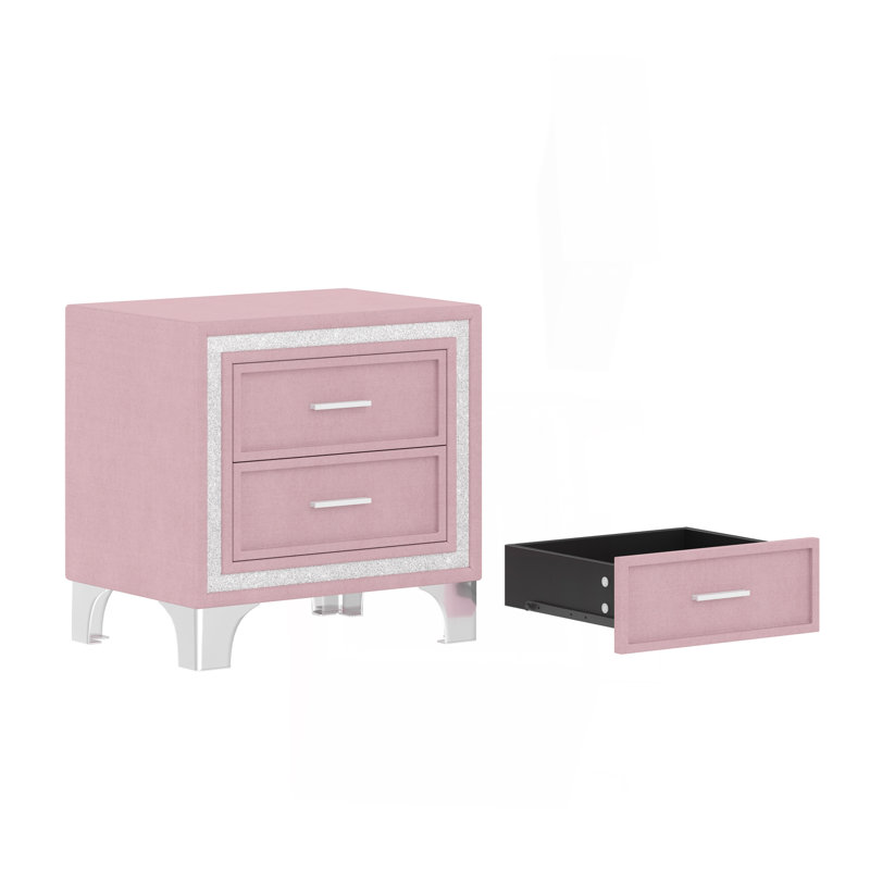 Ensemble de chambre à coucher 3 pièces, grand lit plateforme tapissier avec lumières DEL et deux tables de chevet - rose
