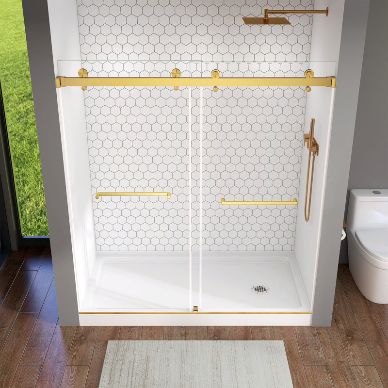 Portes de douche et de baignoire 68 po - l 72 po x H 76 po Porte de douche coulissante double sans cadre , Or brossé