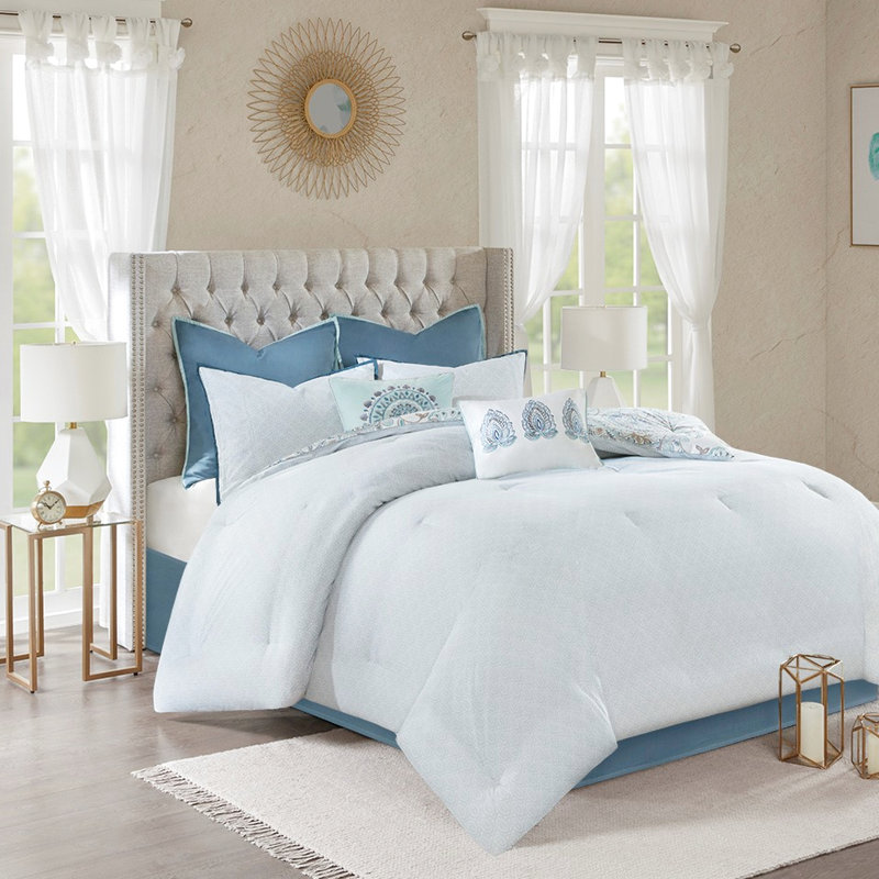 Édredon très grand lit bleu 8 pièces - motif floral aquarelle, impression de coton botanique réversible en tissu lavable à la machine, oreillers