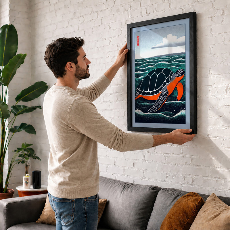 Turtle Swimming Through Waves Japandi - Print, A3 - 42.0 x 29.7 cm, Black