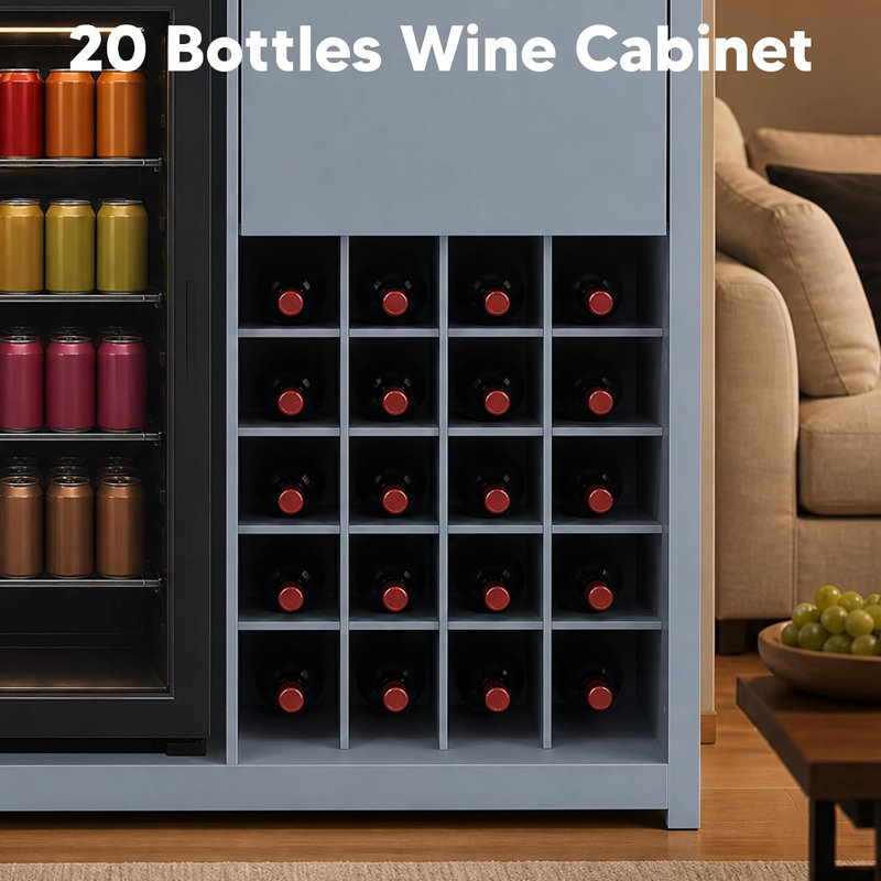 41.7 Inch Modern Farmhouse Coffee Bar Cabinet with Mini Fridge Space, Built-in Power Outlet & 20-Bottle Wine Rack, Blue-Gray