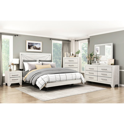 Grand lit au design contemporain moderne avec une finition chêne gris poussiéreux, avec tête de lit à motif de lignes, pour cadre de chambre à coucher en chêne et rails latéraux