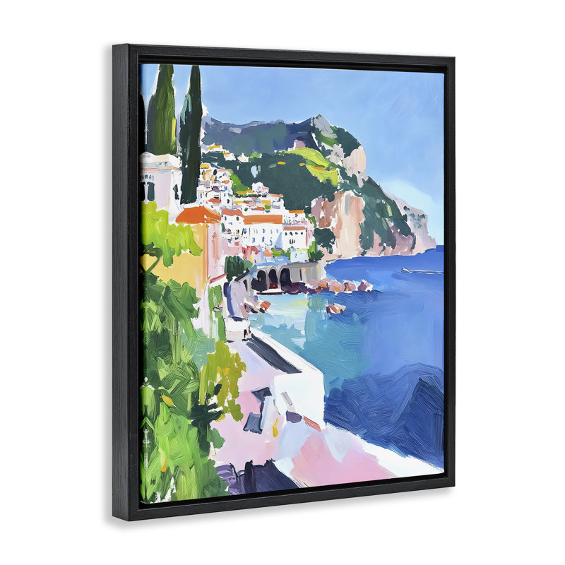 Colorful Italian Coast Floating Frame, design by Riley B, 21" H x 17" W, Jet Black Floater Frame