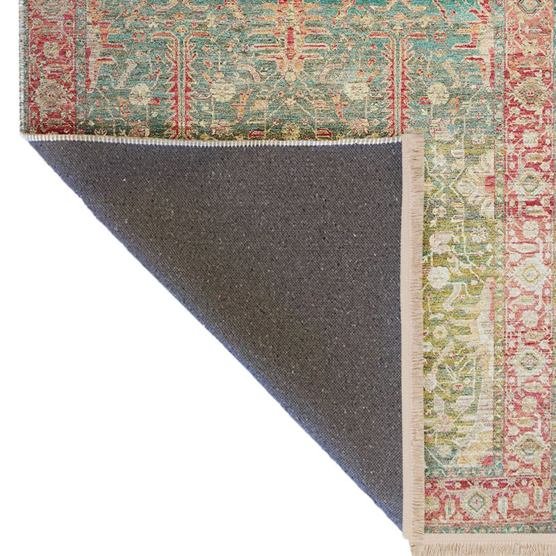 Tapis décoratif à motif floral rétro vert et bleu Barcelona Collection, Tapis de couloir 3 pi 9,81 po x 9 pi 10,11 po