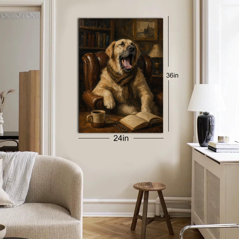 Tableau vintage Golden Retriever sur toile, représentant un chien avec une écharpe, un livre et un café (peinture à l'huile), idéal pour décorer un bureau ou un salon.