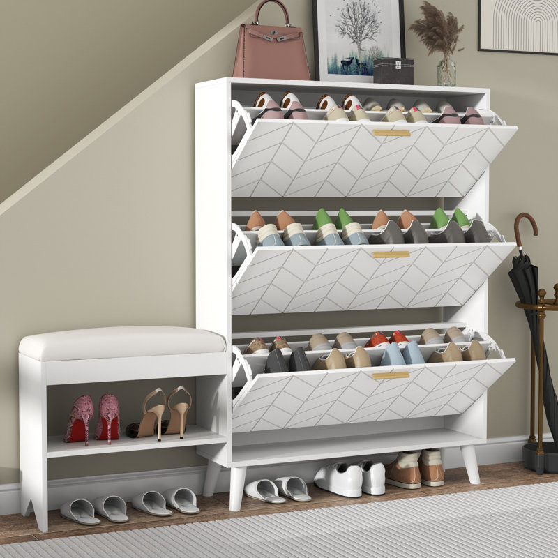 Armoire à chaussures avec 3 tiroirs rabattables et banc, armoire de rangement pour chaussures pour l'entrée, noir, Blanc