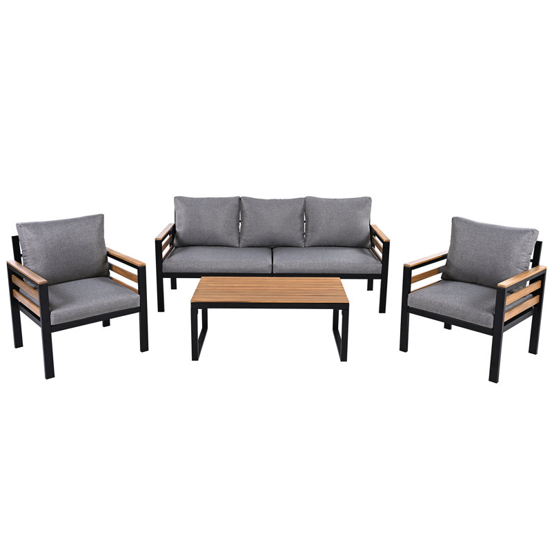 Ensemble de conversation de patio 4 pièces avec accents de bois d'acacia et coussins imperméables, Gris