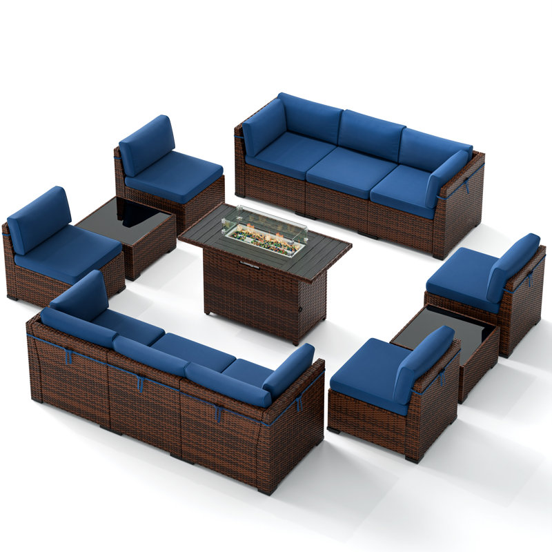 Canapé modulaire d'extérieur à dossier incliné avec 2 tables basses et foyer d'extérieur Rikuto, Marine, 12