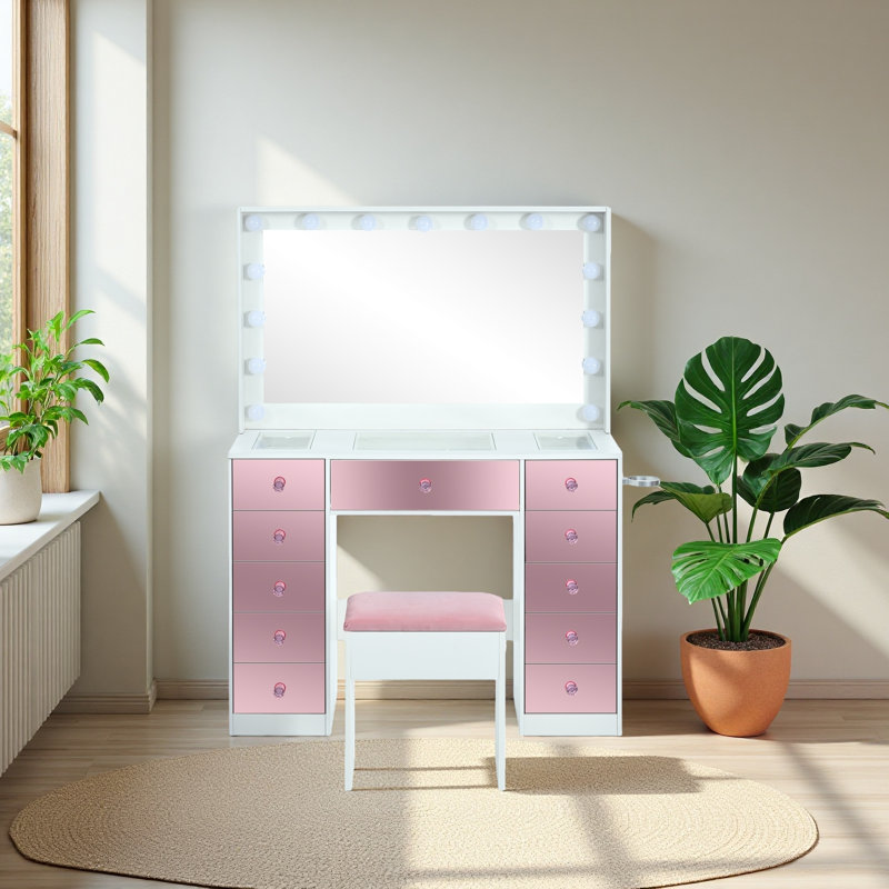 Makeup Vanity With 11 Hollywood Bulbs, 3Color Lighting Modes Adjustable Brightness, Dressing Table With Visual Glass Top And 11 Pink Finish Drawers, Vanity Desk Set With Cushioned Stool