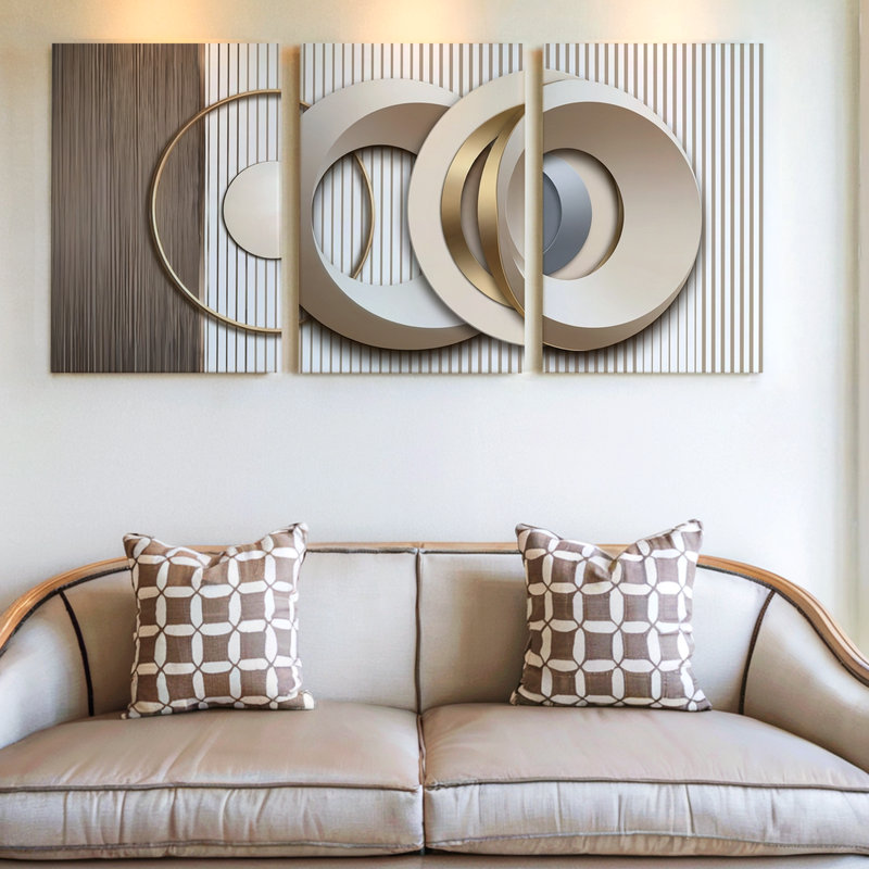 3 pièces d'art mural moderne à cercles géométriques modernes dans des tons neutres, art mural trois pièces pour le salon, la chambre à coucher, le bureau et la décoration intérieure, aspect encadré