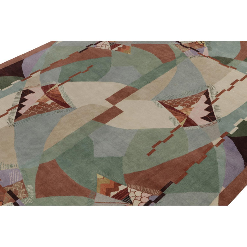 Rug & Kilim’S Chinese Art Deco Rug In Green, Blue & Brown Patterns, Rectangle 9' x 12'