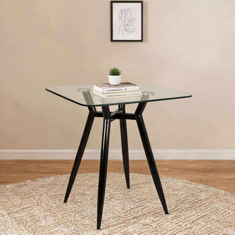 Table de comptoir carrée en verre transparent avec pieds en acier noir et style Mid-Century moderne, 4 places