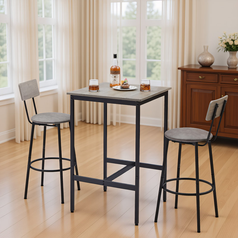 3-Piece Bar Table Set for 2, 2-Tier Round Bistro Dining Table & PU Stools, Counter Height Table, Grey/Black, Grey 2