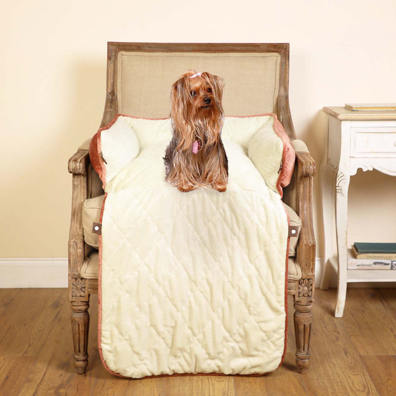 Quilted Luxurious Pet Bed with Cosy Roll Out Blanket , Coral
