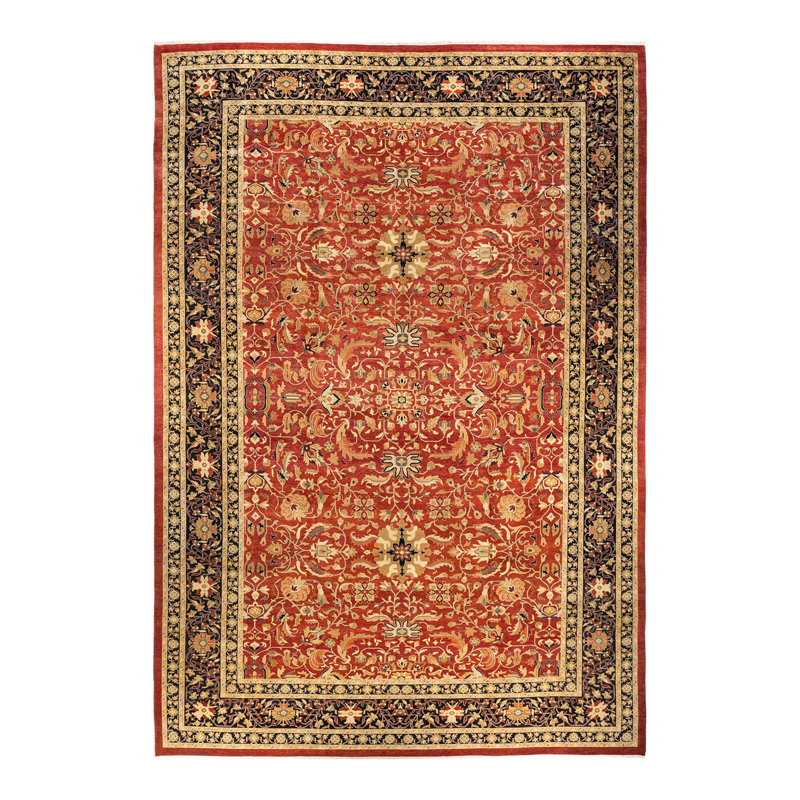 Tapis orange / rouge / noir en laine noué à la main de conception unique 12 pi 2 po x 18 pi 1 po New Age
