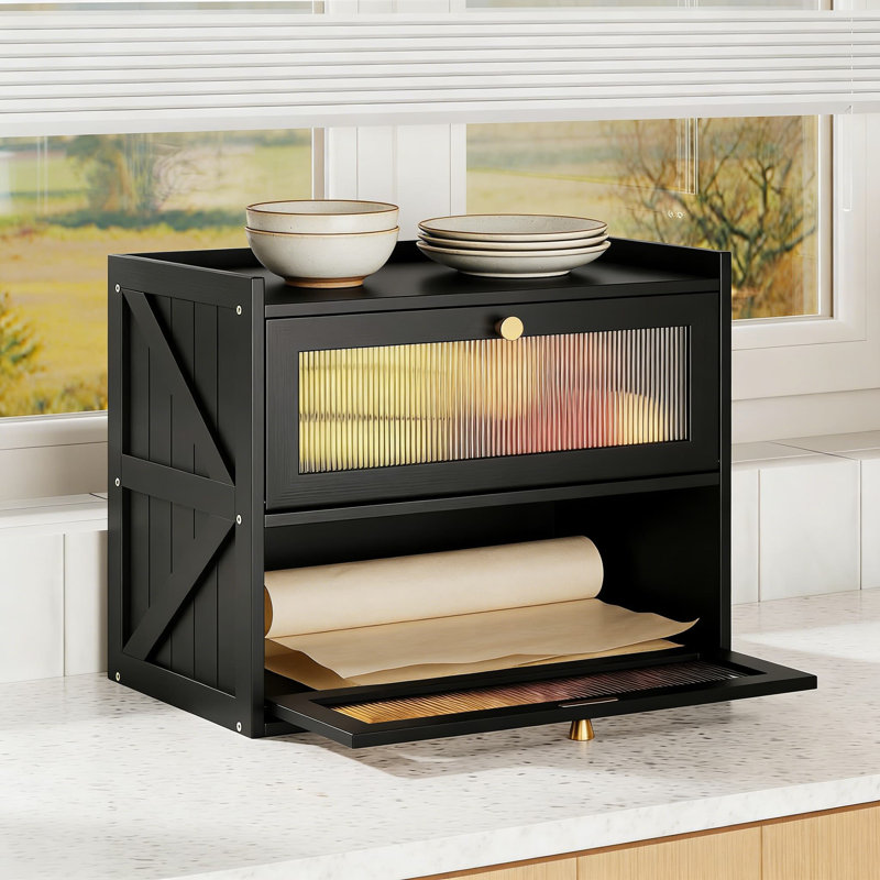 Boîte à pain double couche avec porte en acrylique - Grand contenant à pain en bambou pour comptoir de cuisine, organisateur de pain de style maison de campagne et support