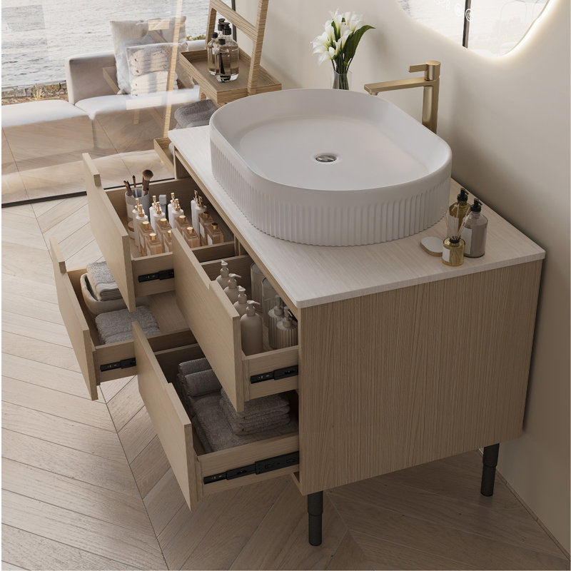 Meuble-lavabo de 36 pouces, autoportant ou mural avec lavabo intégré en céramique et tiroirs à fermeture en douceur