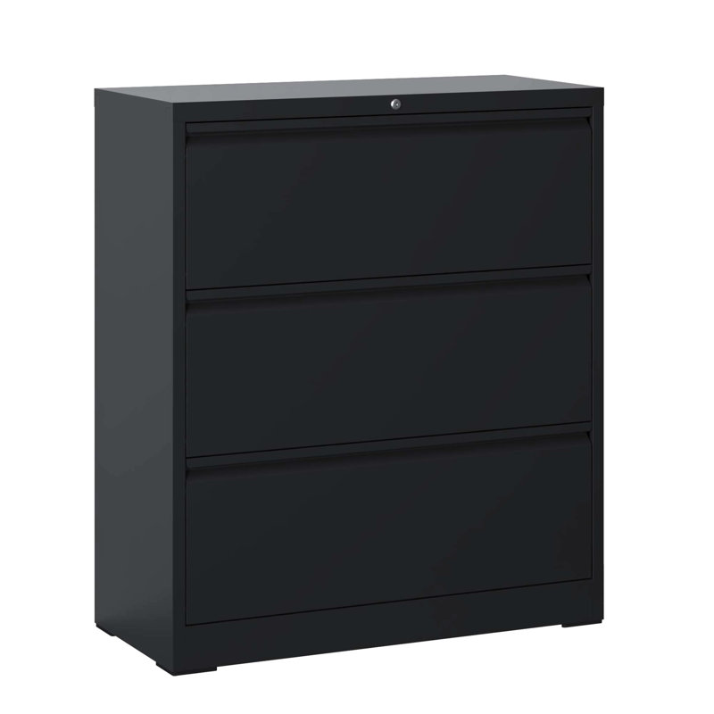 Classeur de bureau à 3 tiroirs avec serrure - matériau métallique, tiroirs silencieux à pleine extension, capacité de 110 lb par tiroir, dossier inclinable de style moderne avec finition latérale noir mat, verrouillable