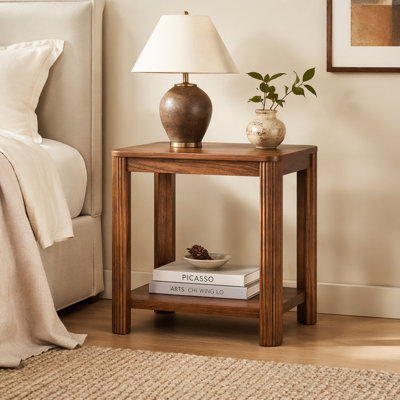 Ensemble de 2 tables de bout arrondies de coin avec table de chevet carrée de 22,1 po avec pieds à vagues verticales, table d'appoint Boho à 2 niveaux pour le salon, la chambre à coucher et le bureau personnel (noyer)