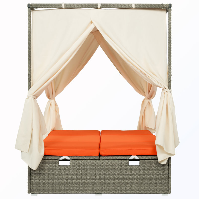 Chaise longue d'extérieur réglable avec auvent et coussin amovible, Orange