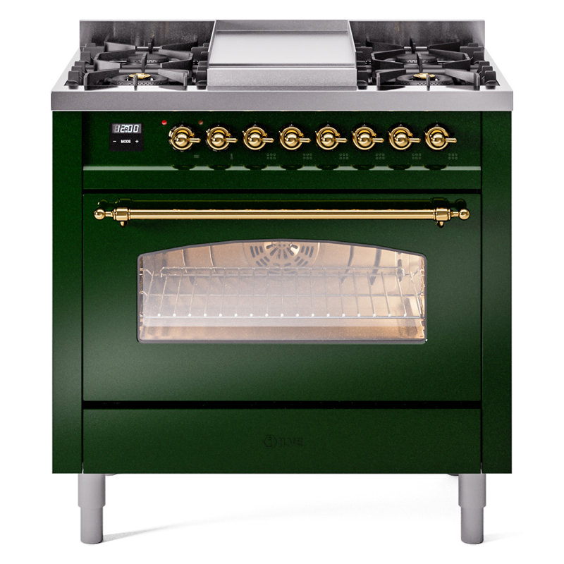 ILVE Nostalgie II 36 Dual Fuel Range, knobs, Burgundy/Brass, Liquid Propane