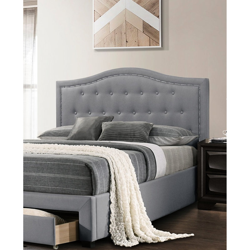 Lit simple moderne gris avec tête de lit à boutons et tiroir de rangement dans la teinte