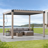 Sunjoy 3m x 4m Electric Louvered Pergola with Solar LED Lights, Remote Weatherproof Adjustable Rainproof Aluminum Hardtop Gazebo, with Drainage System, Water and UV Proof