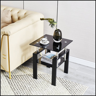 Tempered Black Glass Sofa Table With 2-Layer Storage, Modern And Stylish Living Room Side Table