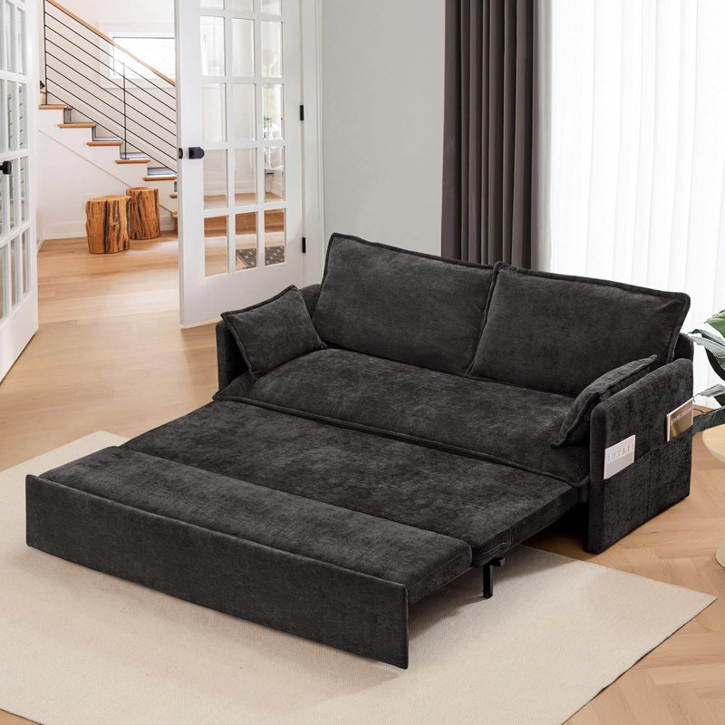 Pull Out Sofa Bed – 60" Convertible Sleeper Sofa Bed with USB Ports, Chenille Fabric Loveseat Chaise Lounge for Living Room, Guest Rooms, Black
