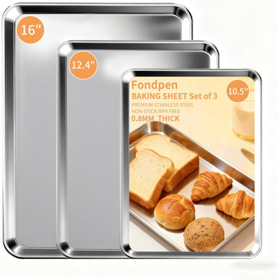 Ensemble de 3 plaques à pâtisserie en acier inoxydable, plaques à biscuits à finition miroir pour four à rôtir allant au four