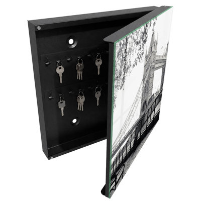 Key cabinet, Opens to the left, 30x30x5, Black, Gothic bridge surrounded by nature, 