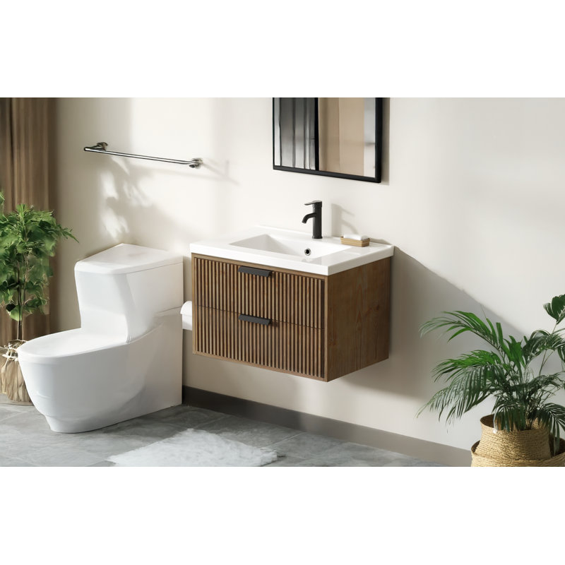 Meuble-lavabo flottant avec lavabo simple blanc Maxbano, Marron clair, Noir