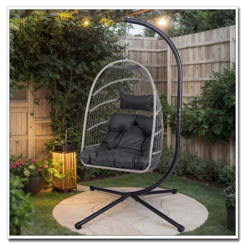 Balancelle en osier de patio avec support, Gris foncé, Noir