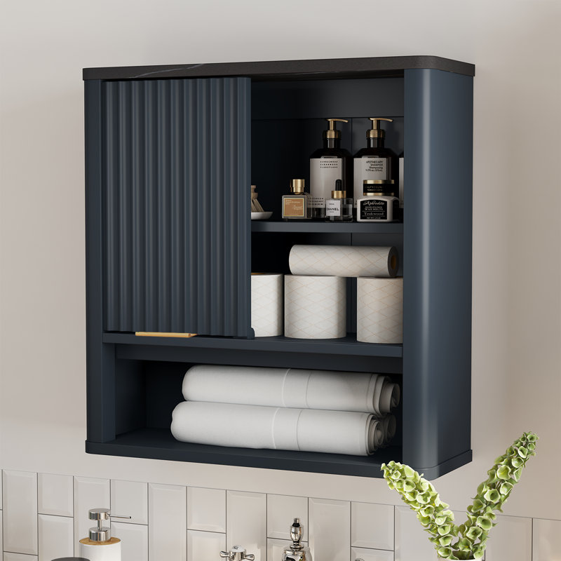 Armoire murale de salle de bain, armoire de rangement murale avec porte de grange coulissante et 1 tablette réglable ouverte pour la salle de bain et la cuisine