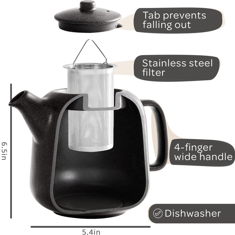 Matte Black Ceramic Teapot with Stainless Steel Infuser, 44 oz