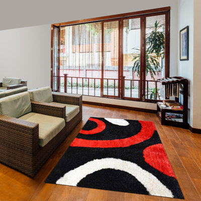 Tapis à poils longs touffetés à la main en polyester écologique - Rectangle, couleur rouge-noir, design moderne contemporain, tapis épais antidérapants faits à la main pour salon, chambre à coucher