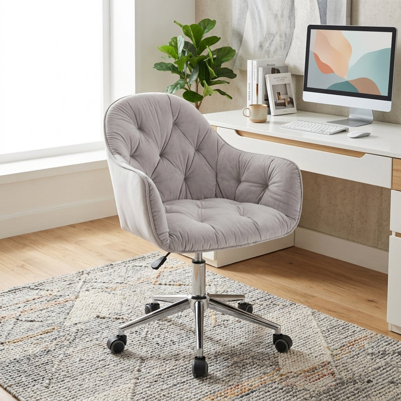 Chaise de bureau en velours pivotant et réglable en hauteur avec base en métal chromé Liwia, gris