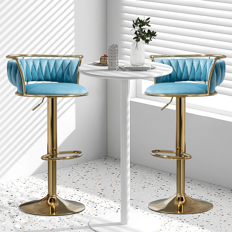 Ginko Modern Swivel Bar Stool with Backrest, Adjustable Height Kitchen Island Stool with Upholstered Seat and Footrest,, Blue