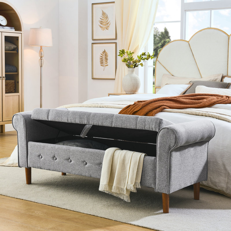62" Bedroom Tufted Button Storage Bench, Modern Fabric Upholstered Ottoman, Window Bench, Rolled Arm Design For Bedroom, Living Room, Foyer