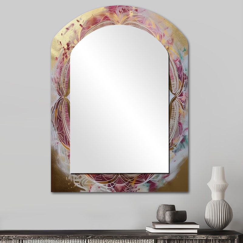 Rose doré Mandala II - grand miroir Boho Mandala arche, décor de miroir mural asymétrique traditionnel, art en métal imprimé