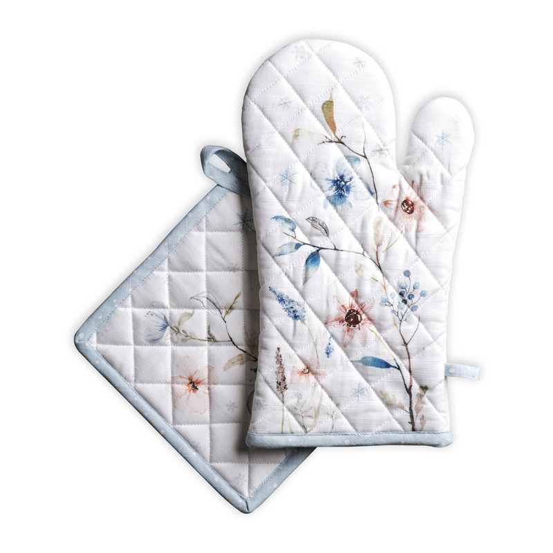 Maison d'Hermine Ice Florals, manique et gant de cuisine 100 % coton - 19 x 33 cm et 20 x 20 cm