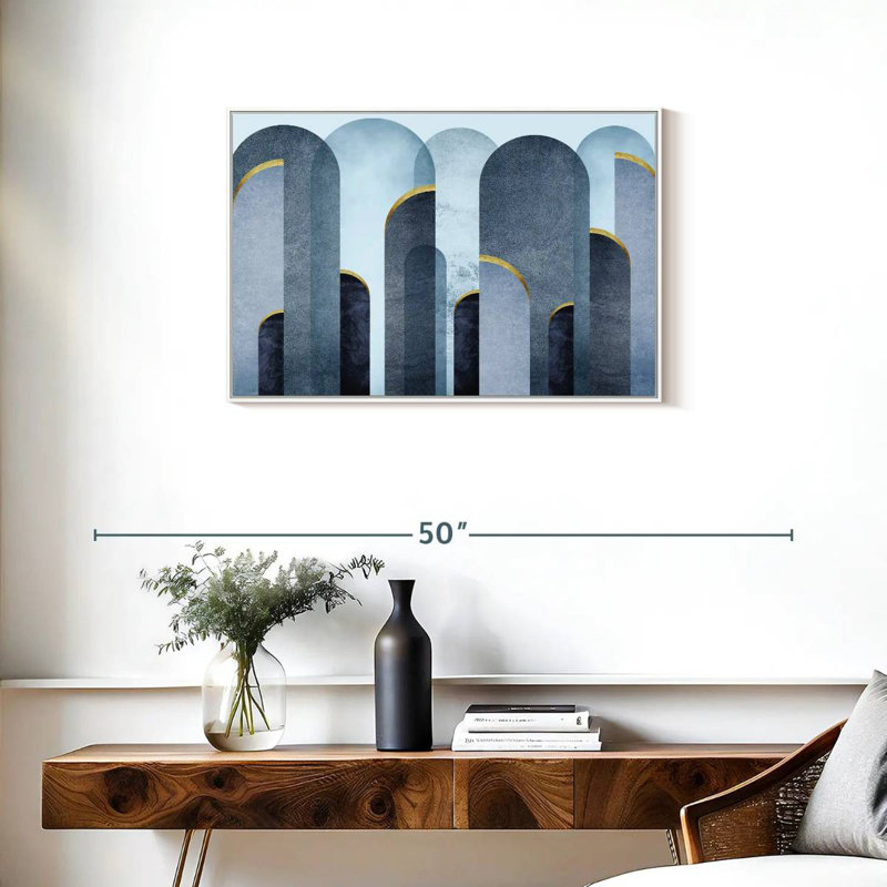 Arches bleu Mid-Century, Cadre flottant blanc, 31 po x 21 po