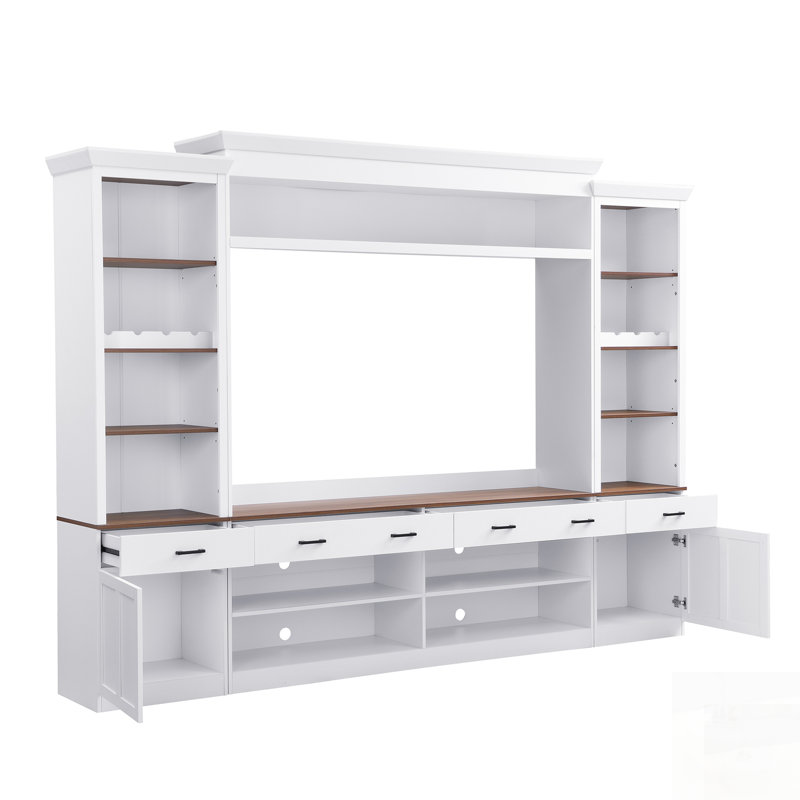 Farmhouse 4-Piece Entertainment Center With Bookshelf, Adjustable Shelves, Wine Rack, And Mid-Century Design