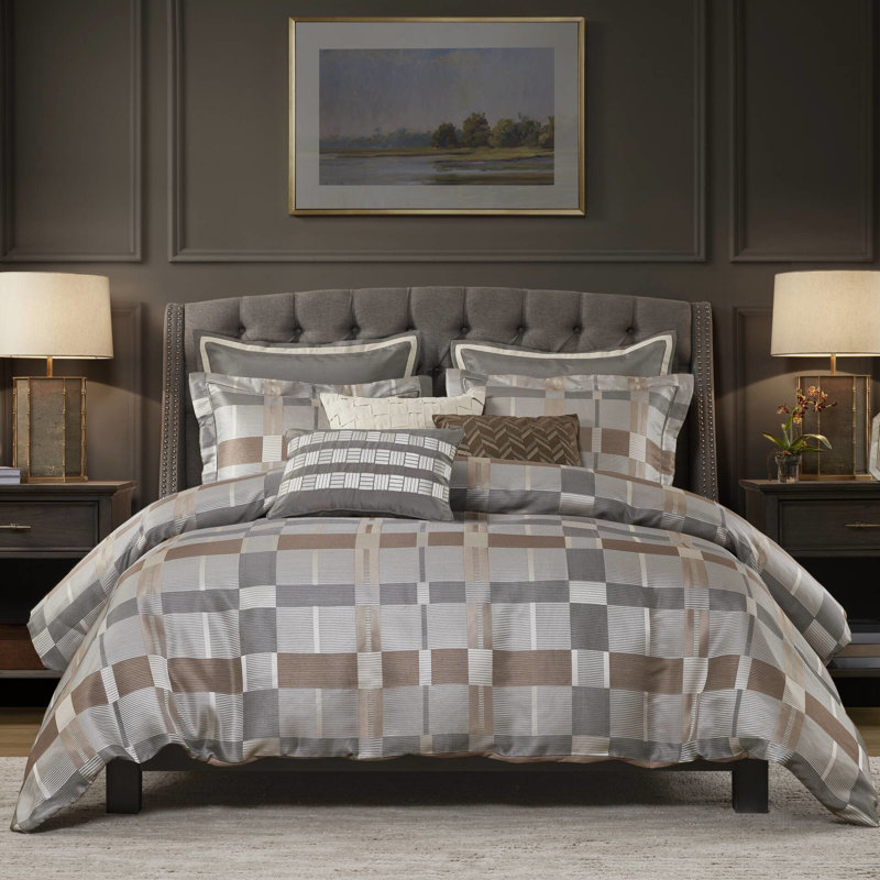 Édredon pour grand lit de style couette 8 pièces en taupe, motif géométrique multicolore, coussins de luxe, housse amovible et design pour un sommeil réparateur à long terme
