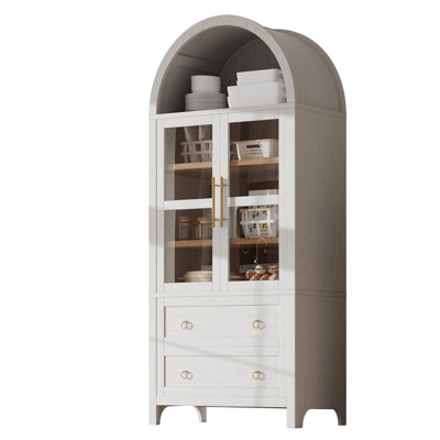 71-Inch Tall Pantry Cabinet With Arched Design, Two-Tone Color, And Metal Smooth Slides For Quiet Efficient Storage Modern Top Glass Doors, Hinges, Kit Safe Attractive Home Solution