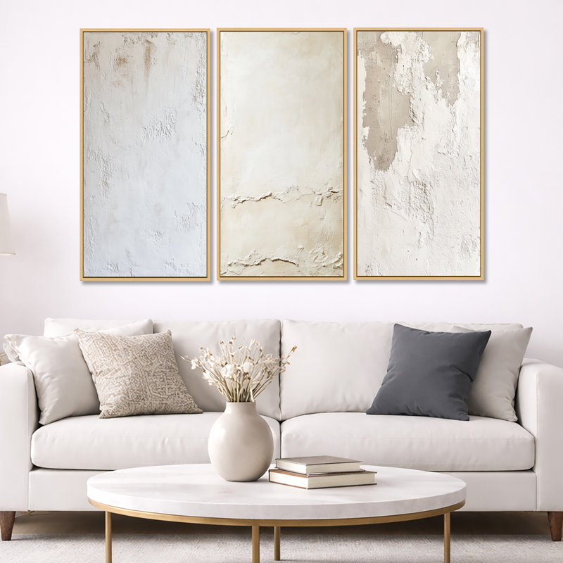 Décoration murale 3 pièces en plâtre doux I - Sable abstrait minimalisme, 32" H x 48" W, Natural Wood Floater Framed
