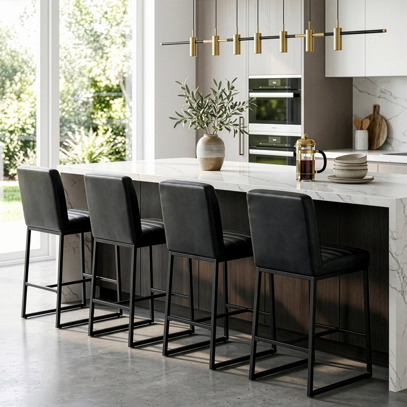 Set of 2 Damylah Faux Leather Counter Stool with Black Metal Legs, Counter Stool (25.60" Seat Height), Black