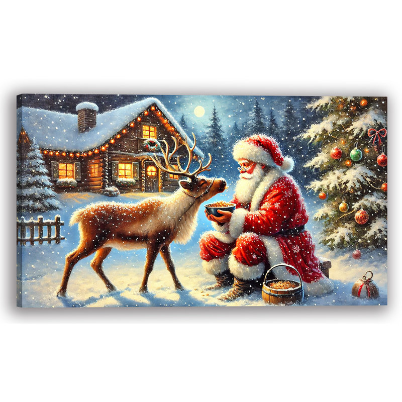 «Magical Winter Eve with Santa»: art sur toile tendue peint à la main, H 20 po x l 35 po
