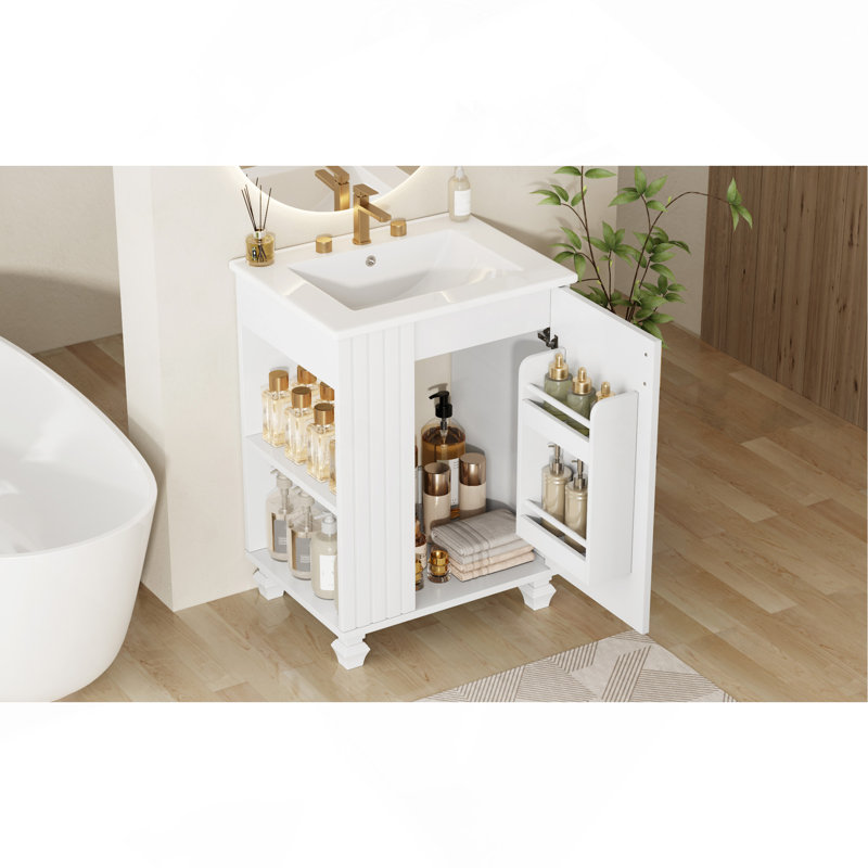 Meuble-lavabo 24 po avec lavabo, armoire de salle de bain avec tablette de porte, rangement latéral ouvert, structure en bois massif, porte à fermeture douce, blanc